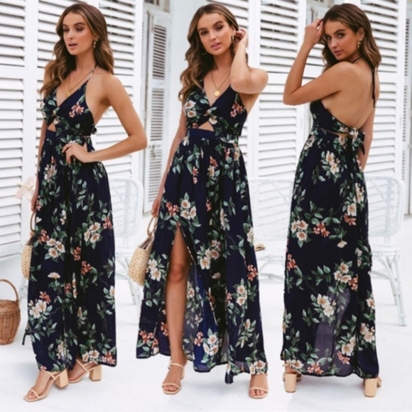 Dresses & Skirts - Navy Blue Maxi Floral Twist Halter Dress Print